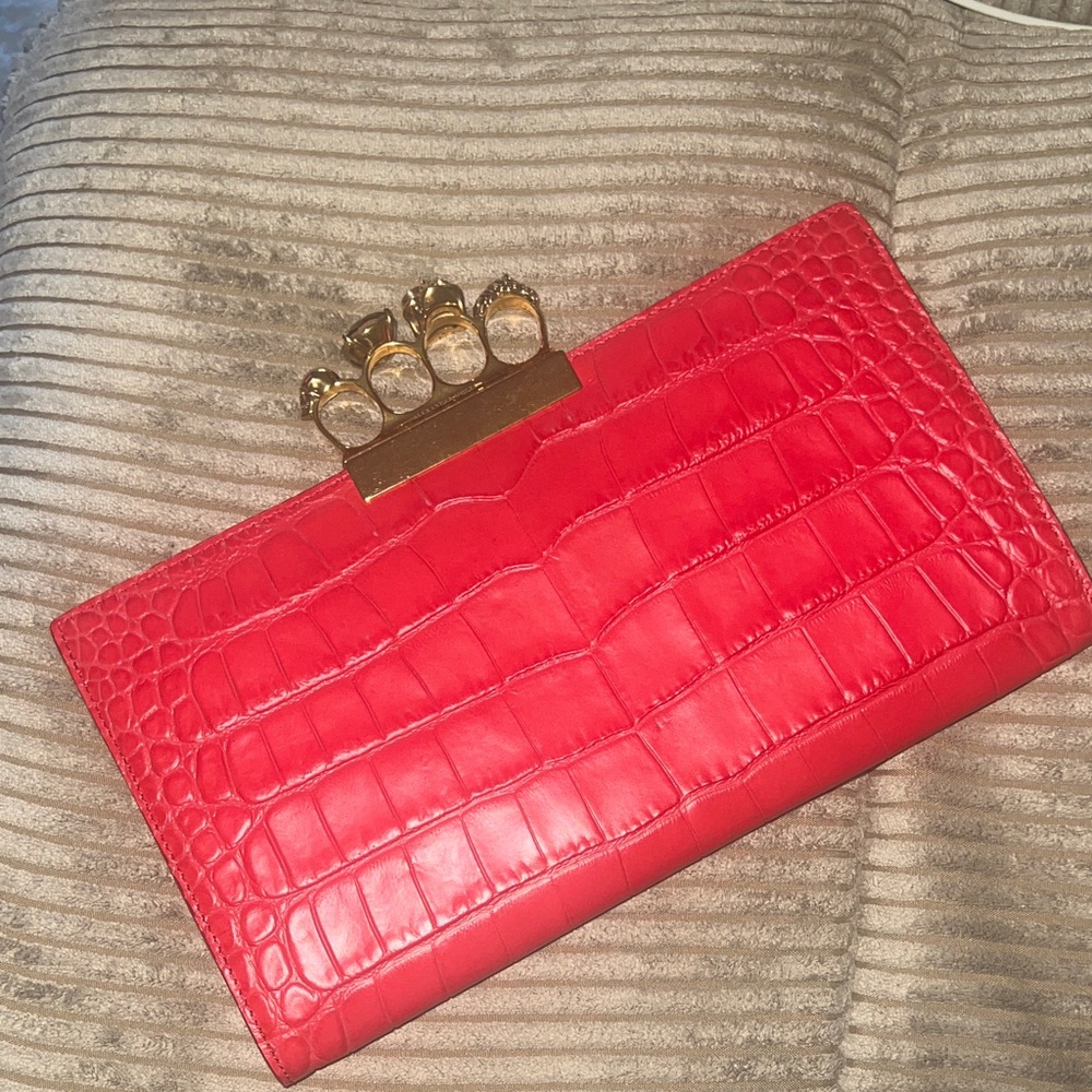 NWOT NEVER WORN OR USED Alexander McQueen Red Croc-EmbossedClutch, Gold Accents